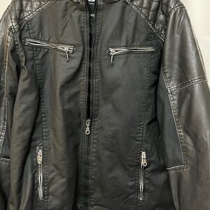 Men’s Machine Black Faux Leather WinterJacket with lots of pockets XL